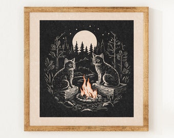 Campfire Kitties - Charity Vintage Linography Style Print - 70s Inspired Neutral Retro Decor - Boho Minimalist Wall Art