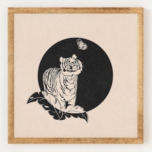 The Tiger and the Butterfly - Charity Vintage Lino Style Print - 70s Inspired Neutral Retro Decor - Boho Minimalist Wall Art