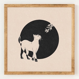 Olive Cat - Charity Vintage Lino Style Print - 70s Inspired Neutral Retro Decor - Boho Minimalist Wall Art