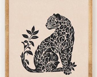 Floral Leopard Silhouette - Charity Vintage Linography Style Print - 70s Inspired Neutral Retro Decor - Boho Minimalist Wall Art
