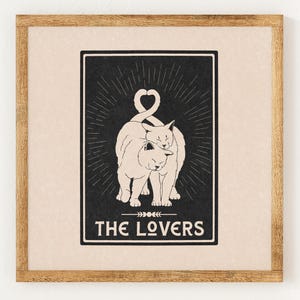 Les amoureux - carte de tarot chat - impression caritative de style lino vintage - décoration céleste astrologie mystique - art mural minimaliste bohème