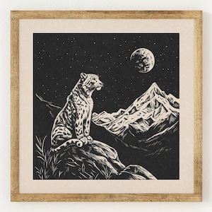 May include: A black and white illustration of a snow leopard sitting on a rock, looking up at a full moon in a starry night sky. The snow leopard is silhouetted against a mountain range in the background.