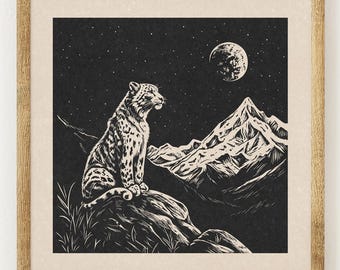 Lone Snow Leopard - Charity Vintage Linocut Style Print - Big Cat in the Mountains - Boho Wall Art Print