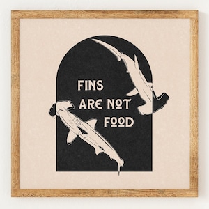 Hammerhead Sharks - Fins are not food - Charity Vintage Lino Style Print - 70s Inspired Neutral Retro Decor - Boho Minimalist Wall Art