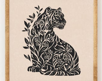 Floral Tiger Silhouette - Charity Vintage Linography Style Print - 70s Inspired Neutral Retro Decor - Boho Minimalist Wall Art
