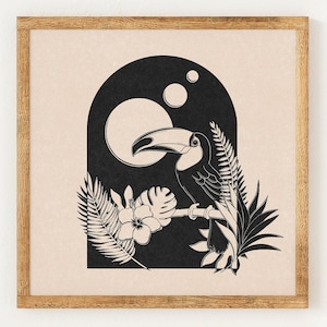 Jungle Toucan - Charity Vintage Lino Style Print - 70s Inspired Neutral Retro Decor - Boho Minimalist Wall Art