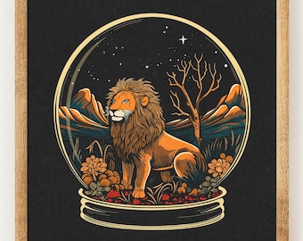 Lion Terrarium - Charity Vintage Linography Style Print - Big Cat and Plant Lover - Boho Minimalist Wall Art