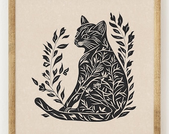 Floral Cat Silhouette - Charity Vintage Linography Style Print - 70s Inspired Neutral Retro Decor - Boho Minimalist Wall Art