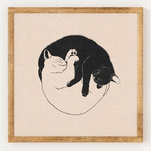 Yin and Yang Cats - Charity Vintage Lino Style Print - 70s Inspired Neutral Retro Decor - Boho Minimalist Wall Art