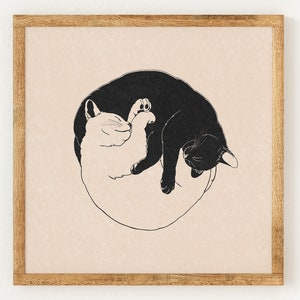 Yin and Yang Cats - Charity Vintage Lino Style Print - 70s Inspired Neutral Retro Decor - Boho Minimalist Wall Art