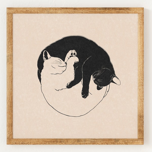 Yin and Yang Cats - Charité vintage Lino Style Print - 70s Inspired Neutral Retro Decor - Boho Minimalist Wall Art