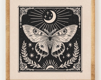Traditional Moth - Charity Vintage Lino Style Print - 70s Inspired Neutral Retro Decor - Boho Minimalist Wall Art