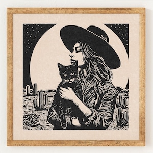 Cowgirl and her Cat - Charity Vintage Linocut Style Print - Wild West - Boho Wall Art Print