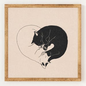 Gatti a forma di cuore - Stampa in stile linoleum vintage di beneficenza - Decorazione retrò neutra ispirata agli anni '70 - Arte murale minimalista boho