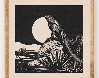 Desert Lizard - Charity Vintage Linocut Style Print - Wild West - Boho Wall Art Print