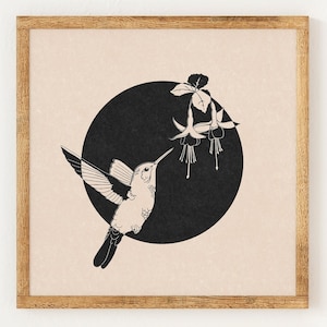 Hummingbird - Charity Vintage Lino Style Print - 70s Inspired Neutral Retro Decor - Boho Minimalist Wall Art