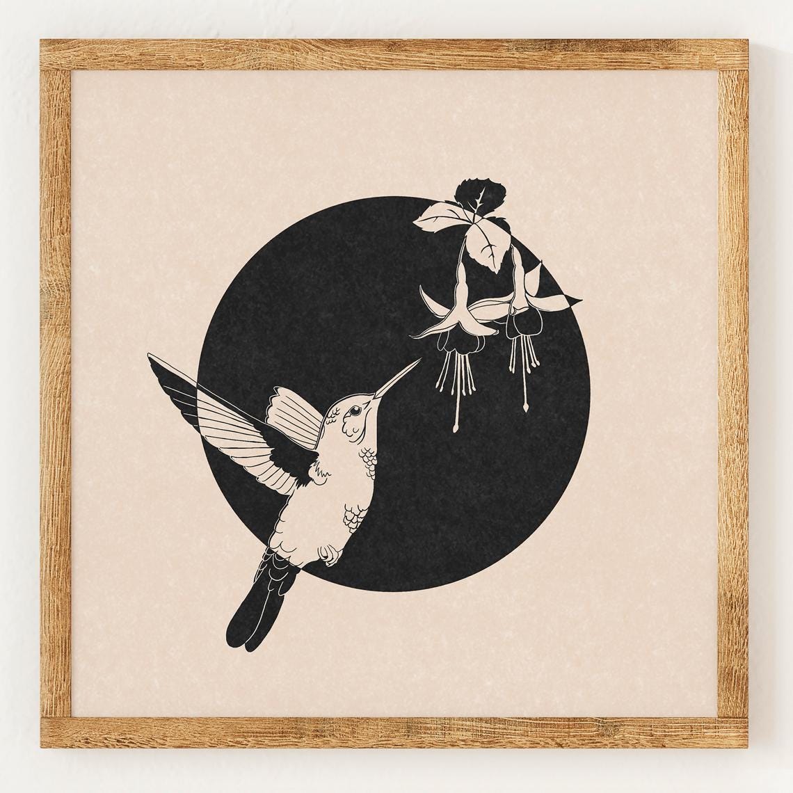 Hummingbird - Charity Vintage Lino Style Print - 70s Inspired Neutral Retro Decor - Boho Minimalist Wall Art