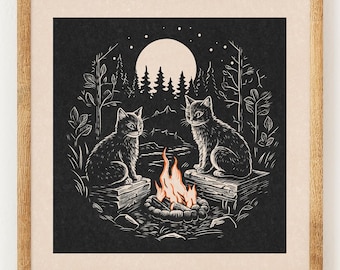 Campfire Kitties - Charity Vintage Linography Style Print - 70s Inspired Neutral Retro Decor - Boho Minimalist Wall Art