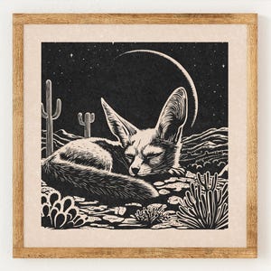 Volpe Fennec addormentata - Stampa in stile linoleografia vintage di beneficenza - Far West - Stampa artistica da parete Boho