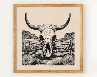 Desert Longhorn Skull - Charity Vintage Linocut Style Print - Wild West - Boho Wall Art Print