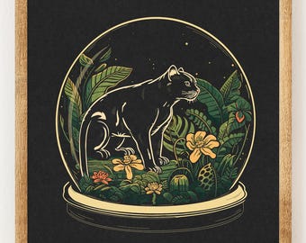 Panther Terrarium - Charity Vintage Linography Style Print - Big Cat and Plant Lover - Boho Minimalist Wall Art