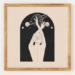 Lady of the Cosmos - Charity Vintage Lino Style Print - 70s Celestial Inspired Retro Decor - Boho Minimalist Wall Art