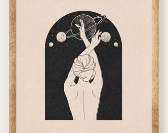 Lady of the Cosmos - Charity Vintage Lino Style Print - 70s Celestial Inspired Retro Decor - Boho Minimalist Wall Art