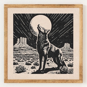 Coyote Moon - Stampa in stile linoleografia vintage di beneficenza - Far West - Stampa artistica da parete Boho