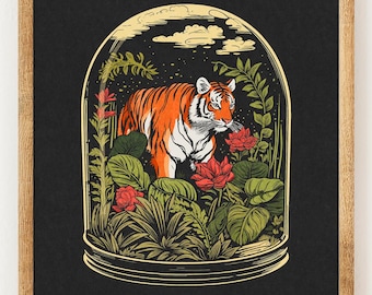 Tiger Terrarium - Charity Vintage Linography Style Print - Big Cat and Plant Lover - Boho Minimalist Wall Art
