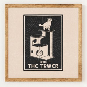 La Torre - Carta dei Tarocchi del Gatto - Stampa in stile linoleum vintage di beneficenza - Decorazione celeste con astrologia mistica - Arte murale minimalista boho