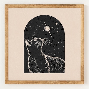 Svart katt och stjärnorna - Välgörenhetstryck i vintage-linografistil - 70-talsinspirerad neutral retrodekor - Boho minimalistisk väggkonst