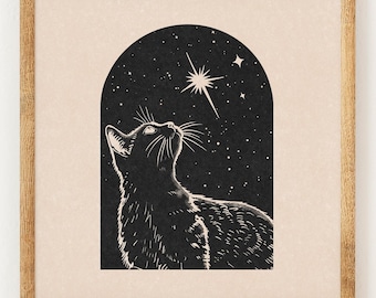 Black Cat and the Stars - Charity Vintage Linography Style Print - 70s Inspired Neutral Retro Decor - Boho Minimalist Wall Art