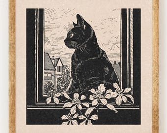 Window Cat - Charity Vintage Linography Style Print - 70s Inspired Neutral Retro Decor - Boho Minimalist Wall Art