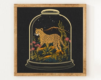 Cheetah Terrarium - Charity Vintage Linography Style Print - Big Cat and Plant Lover - Boho Minimalist Wall Art