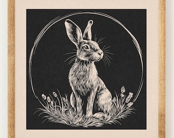 Wildfower Hare - Charity Vintage Lino Style Print - 70s Inspired Neutral Retro Decor - Boho Minimalist Wall Art