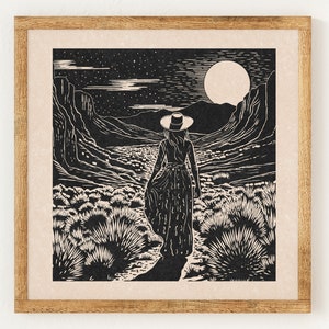 Desert Wanderer Charity Vintage Linocut Style Print Wild West Boho Wall Art Print image 1