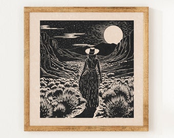 Desert Wanderer - Charity Vintage Linocut Style Print - Wild West - Boho Wall Art Print