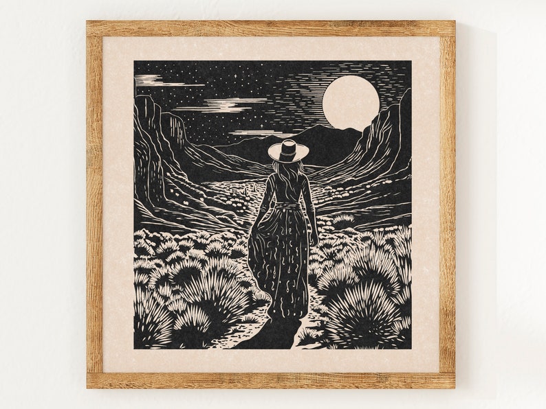 Desert Wanderer Charity Vintage Linocut Style Print Wild West Boho Wall Art Print image 1