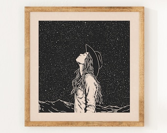 Clear Skies - Charity Vintage Linocut Style Print - Wild West - Boho Wall Art Print