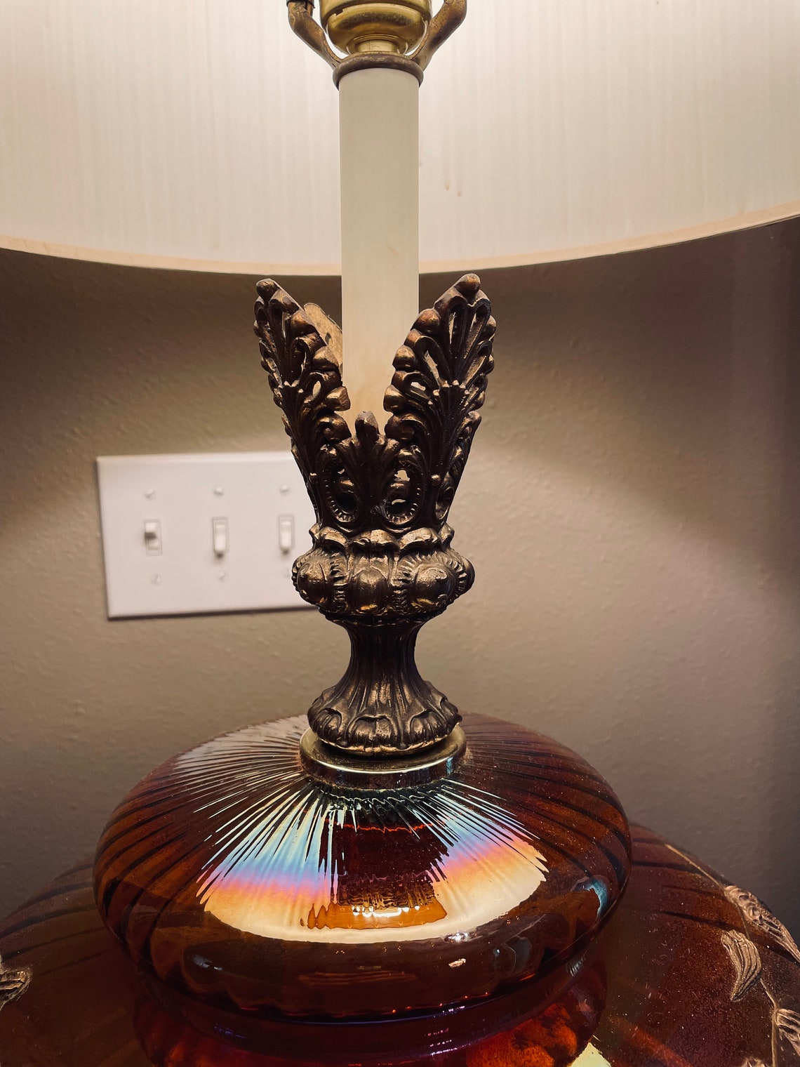 Vintage Carnival Glass Lamp W/ Brass Birds and Floral Etsy