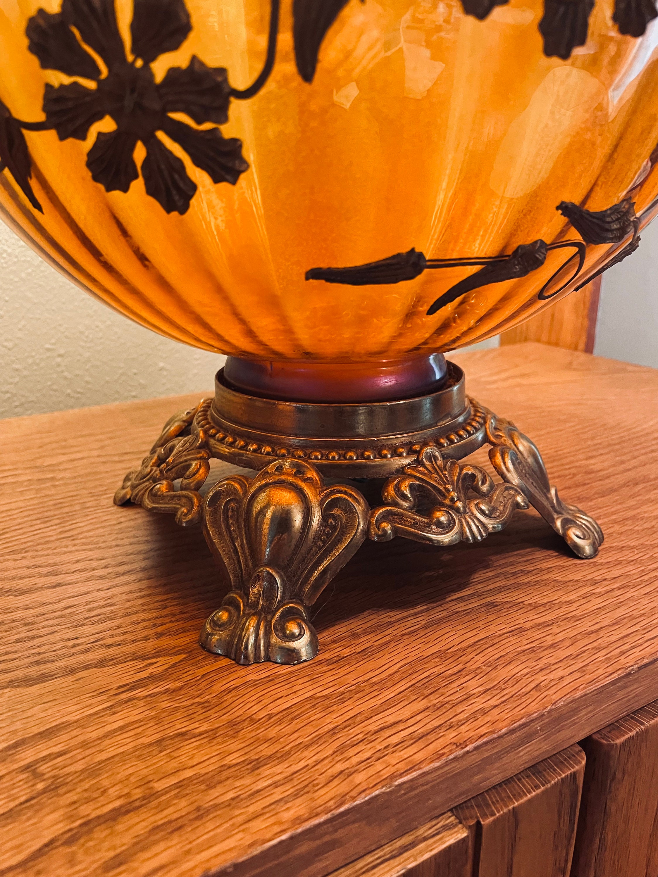 Vintage Carnival Glass Lamp W/ Brass Birds and Floral Etsy