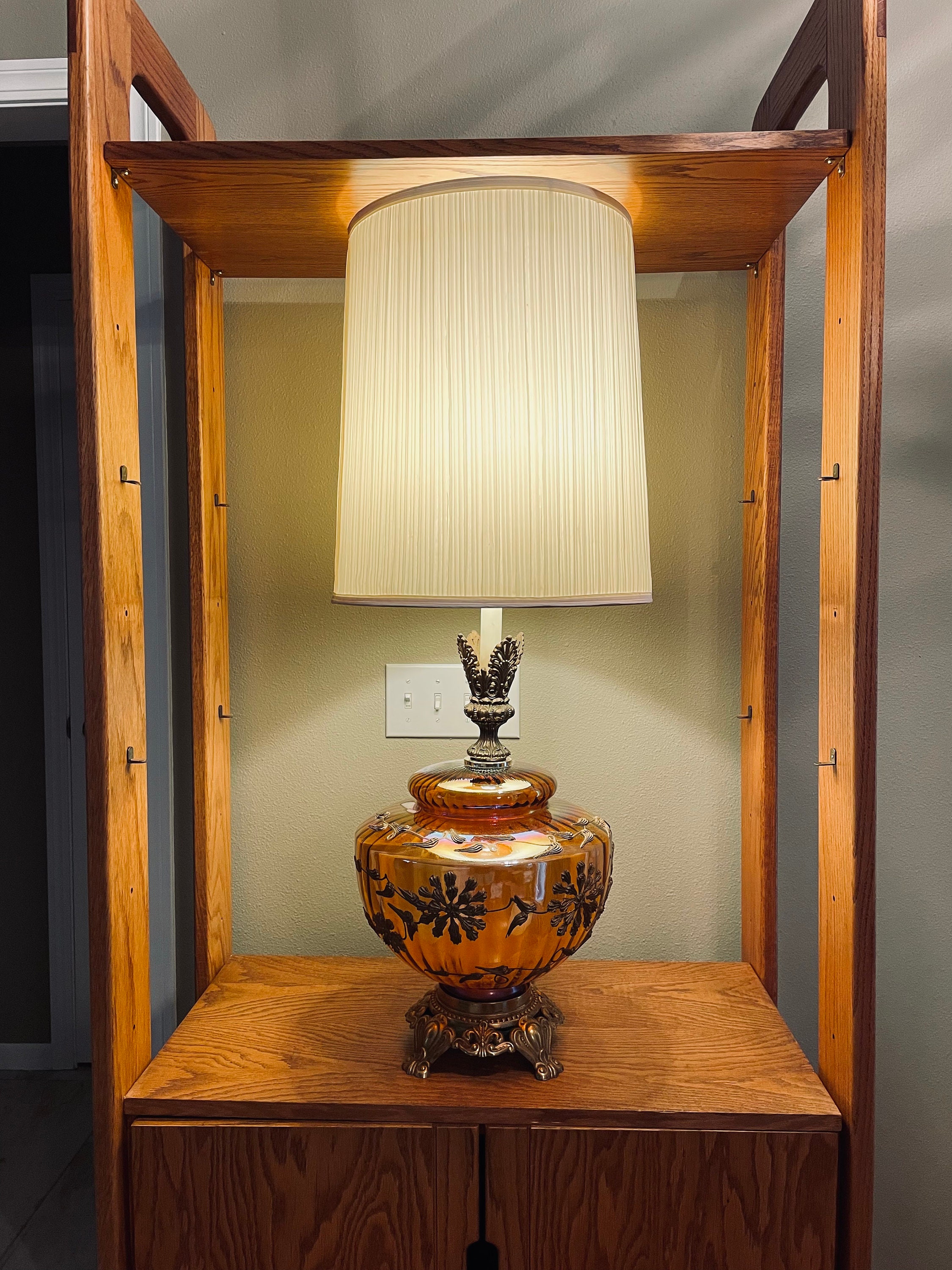 Vintage Carnival Glass Lamp W/ Brass Birds and Floral Etsy