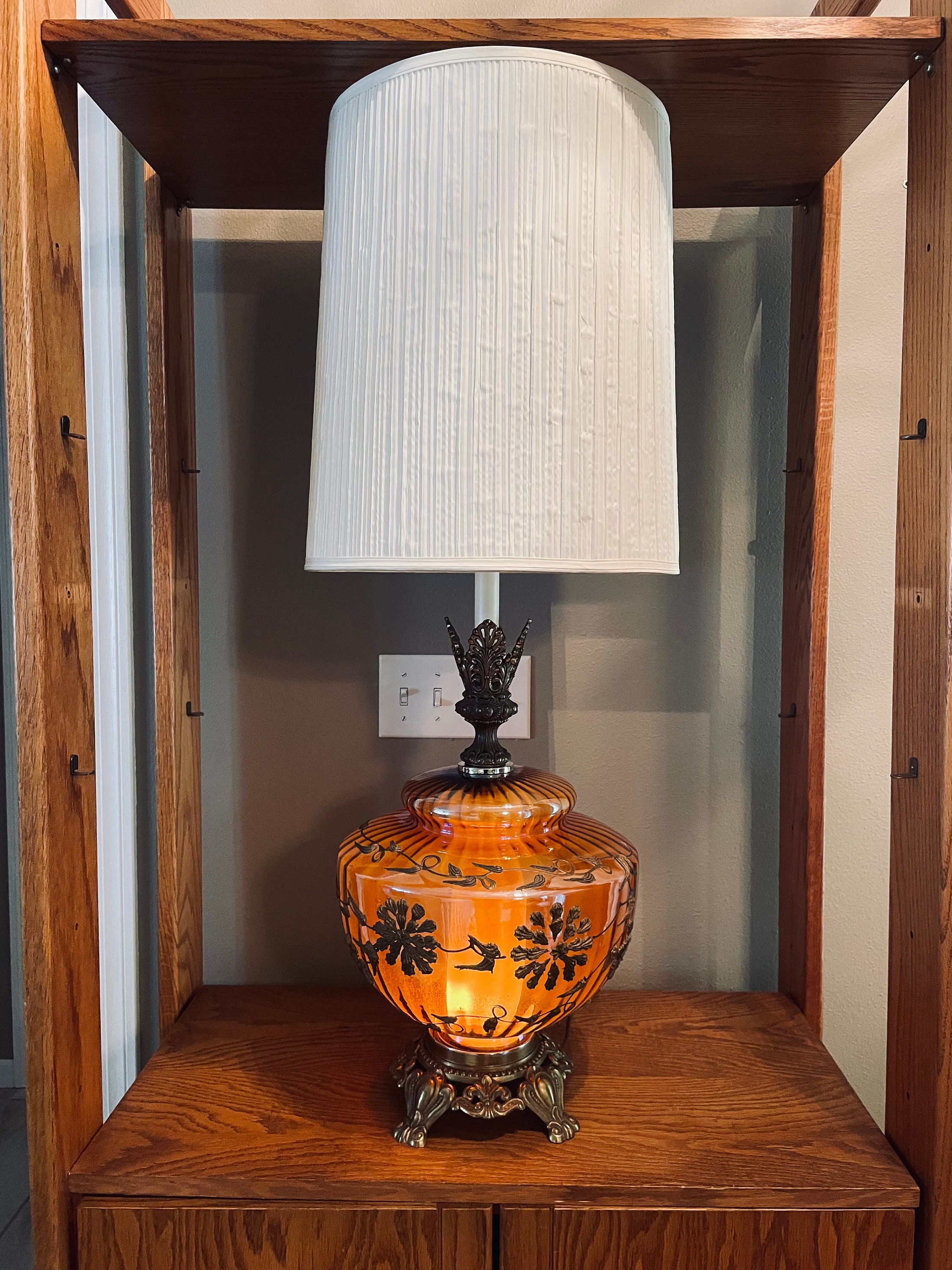 Vintage Carnival Glass Lamp W/ Brass Birds and Floral Etsy