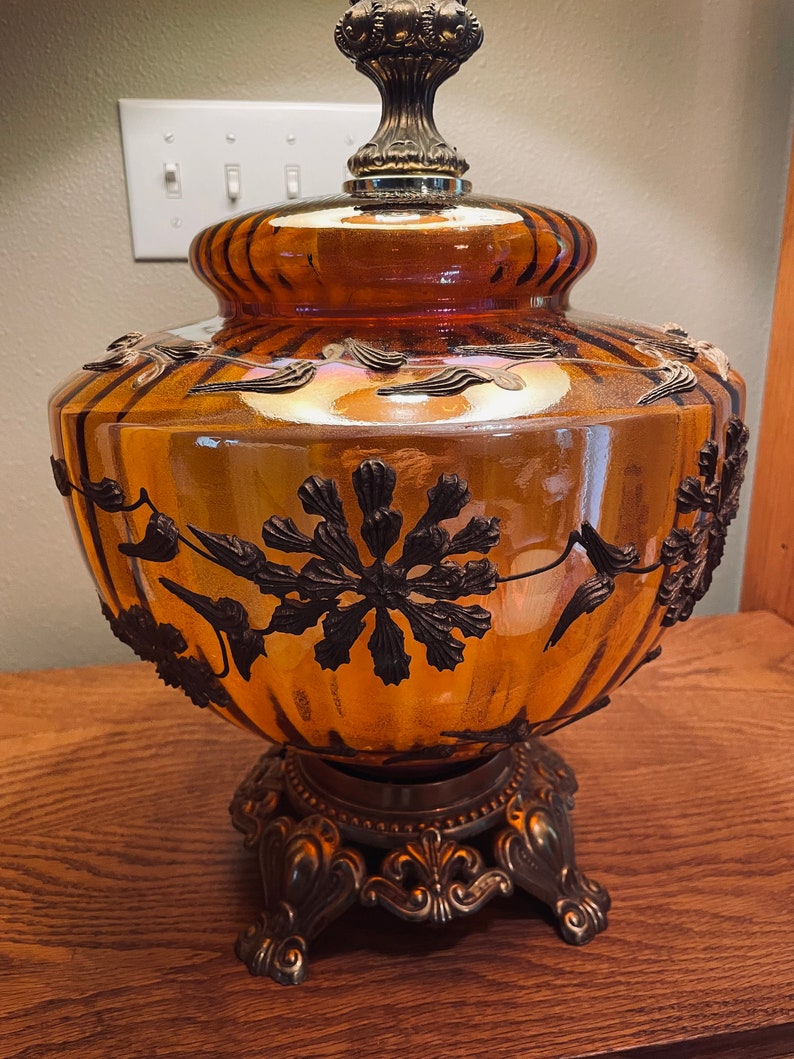 Vintage Carnival Glass Lamp W/ Brass Birds and Floral Etsy