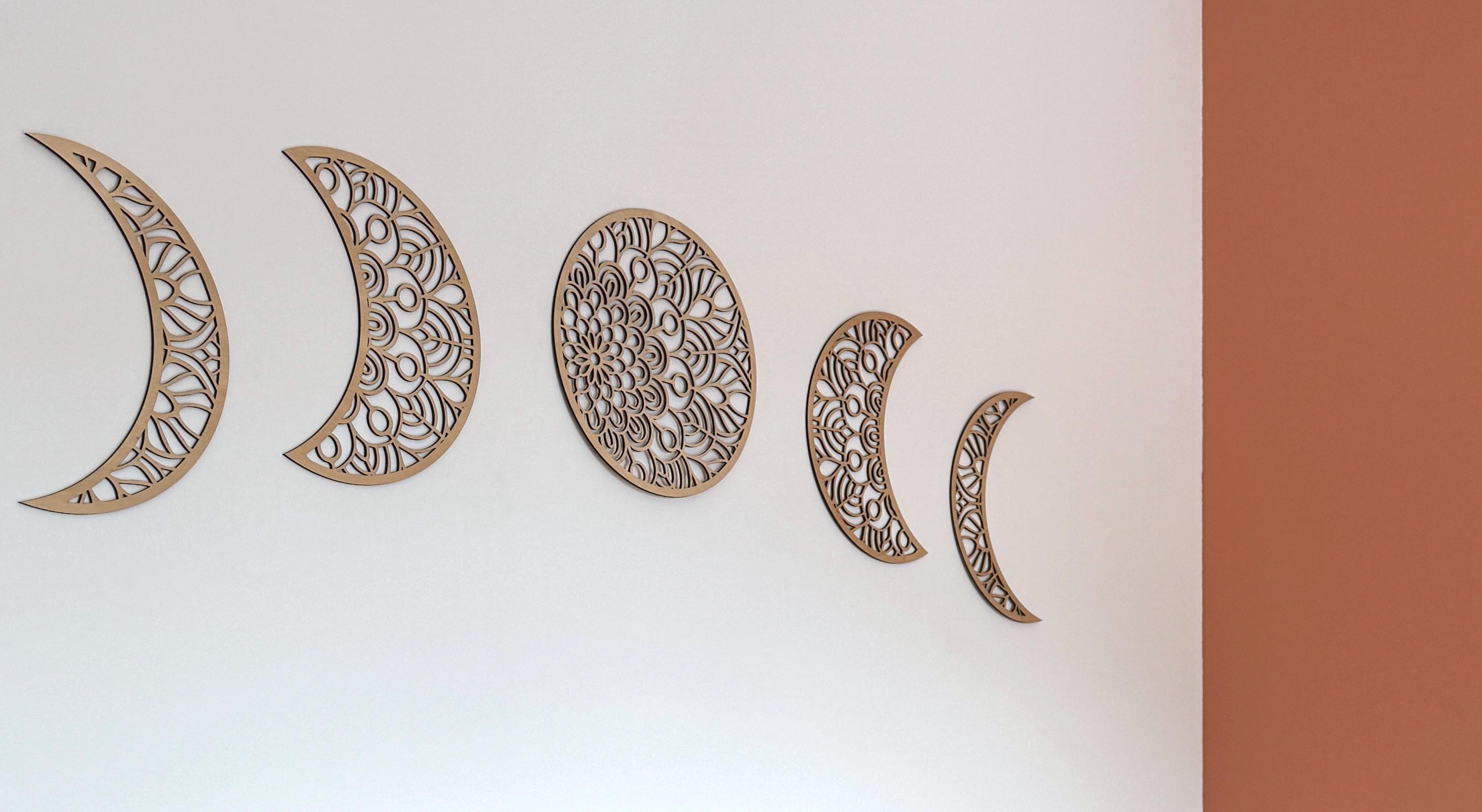 Lot De 3 Phases De Lune - Décoration Murale Bohème En Bois Sculpté - Ambiance Mystique Pour Chambre, Salon Ou Bureau