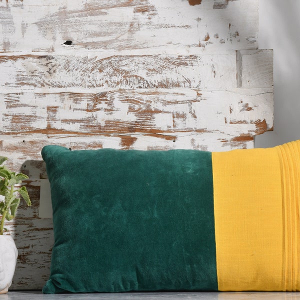 Luxury Emerald Green Yellow Pucker Cotton Velvet Pillow Cover, Decorative Pillowcase for Living Room Sofa, Modern Minimalist Pillow Covers