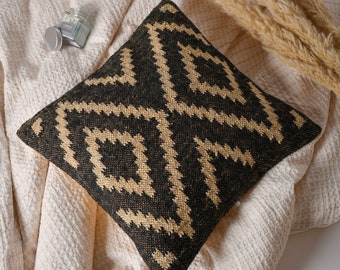 Indian Vintage Jute Kilim Mattie Black Beige Cushion Cover, 18 X 18 Hand woven Decorative Throw Cushion Cover, Rug Cushion Cover Set of 2