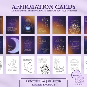 Affirmationskarten Set - 45 Karten | A4 + US Letter | Schwarz & Weiß + Farbe | Bonus Wanddrucke | Selbstfürsorge + Achtsamkeit