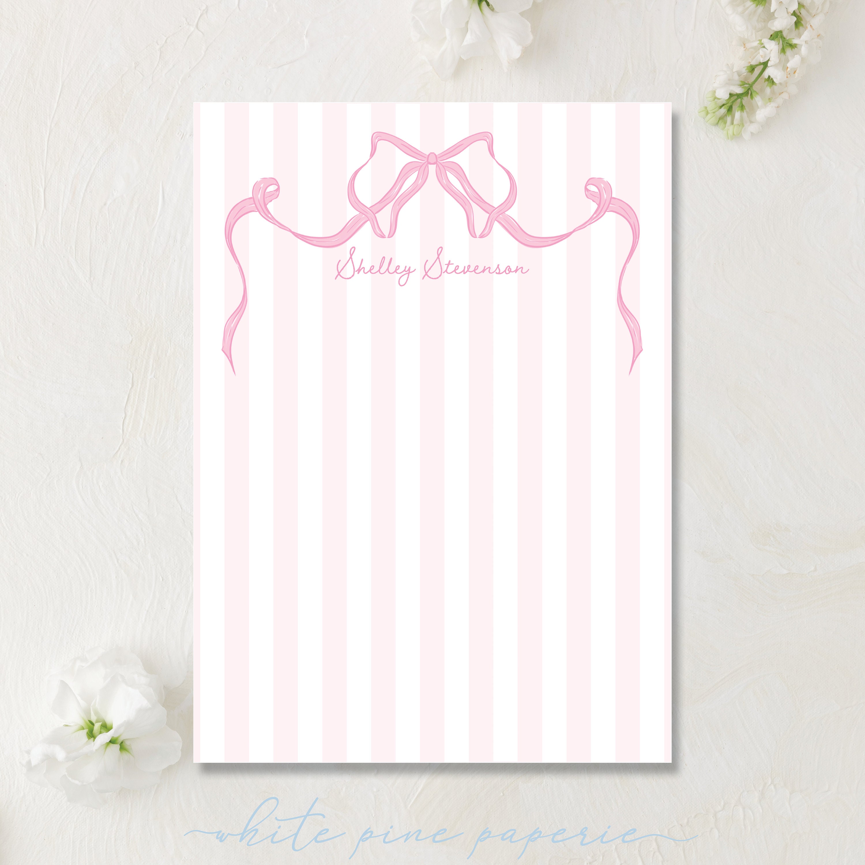 Personalized Name Notepad | Pink and White Watercolor Bow With Stripes ...