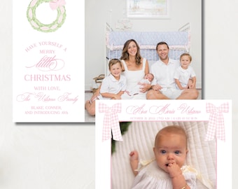 May include: A Christmas card with a family photo and a baby announcement. The card features a watercolor wreath and bow, with text that reads "Have yourself a Merry Little Christmas" and "Introducing Ava."